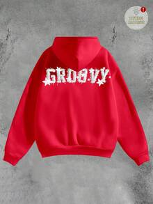 Manfinity ZONE917 Men's Street Style Cropped Faux 3D Embroidered Star & Slogan Print Vintage Red Loose Fit Pullover Hoodie, Thermal Lined, Fall/Winter