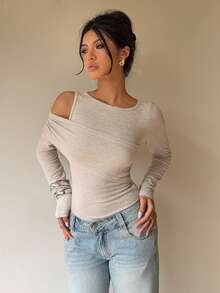 Siren Gaze Áo thun dài tay dáng ôm, màu trơn tối giản, không đối xứng, thích hợp mặc hàng ngày, mùa thu/đông - Màu be - Xem 1