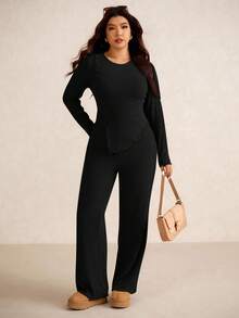 Elaquor Plus Size Women Solid Color Round Neck Long Sleeve Ribbed T-Shirt And Pants Casual 2 Pieces Set/ Spring - Black - View 6