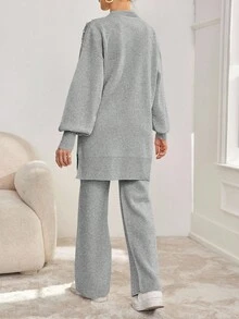 SHEIN Cottnline Women's Beaded Stand Collar Drop Shoulder Sweater Set - Light Grey - View 2