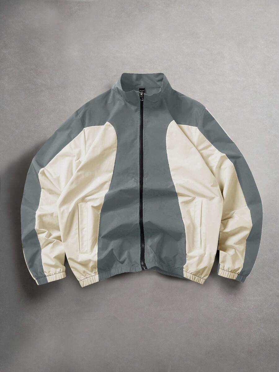 Manfinity ZONE917 Men's Casual Fashion Street College Sports Two-Tone Zip-Up Stand Collar Long Sleeve Jacket, Autumn