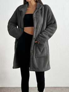 SHEIN Tall Front Pocket And Button Detailed Hooded Very Cozy And Soft Faux Fur Women Coat - Dark Grey - View 3