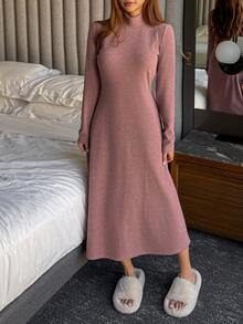 DAZY Women's Simple Turtleneck Long Dress Loungewear, Autumn/Winter Pajamas - Red - View 7
