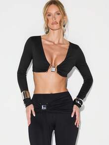 KIZN Long Sleeve Deep V Neck Crop Top With Square Metal Buckle Detail And Cuff Bracelets - Black - View 3