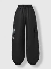SHEIN Explorewe 1pc Boys'Navy Blue Black Woven Cargo Pants,Side Patchwork Plaid Design,Elastic Waistband Retro Streetwear,School Back-To-School Ankle Length Autumn - Navy Blue - View 2