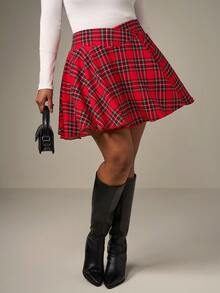 SHEIN Tall CURVE Women's Plus Size Christmas Red Plaid Skirt,Autumn 90s Everyday Back-To-School Fashion Cross Waist Checkered Culottes With Shorts Inside And Pockets - Red - View 5