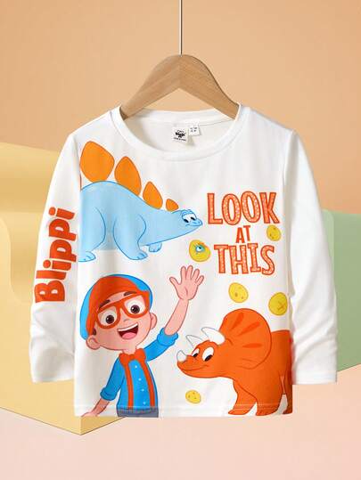 Blippi X SHEIN Young Boy Cartoon Dinosaur Print Round Neck Long Sleeve Knit White T-Shirt