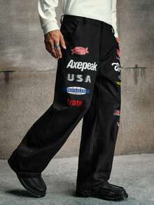 AXEPEAK Men's Casual Printed Pocket Loose Pants - Black - View 5