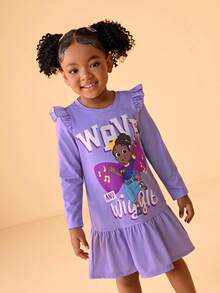 Blippi X SHEIN Young Girls' Cartoon Meekah Print Knit Round Neck Long Sleeve Ruffle Hem Dress Purple Girl Dress Cartoon Character Print Dress For Girl Long Sleeve Ruffle Dress - Purple - View 2