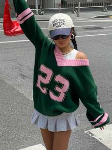 Muchica 情人节 V 领黑白心形印花套头衫，秋冬女士简约时尚休闲日常穿着 - 綠色 - 查看 6