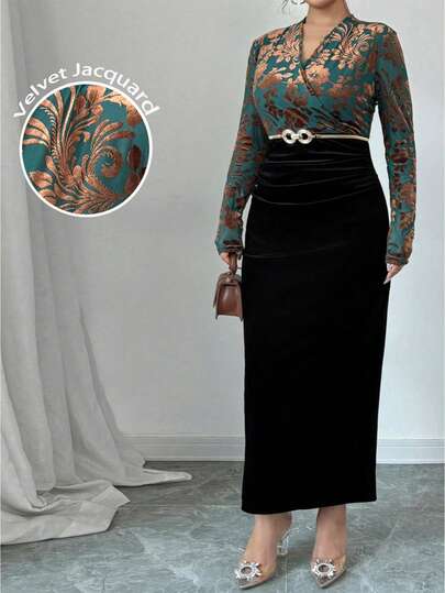 Modelyn 加大码天鹅绒烂花长袖交叉领口束腰修身优雅连衣裙