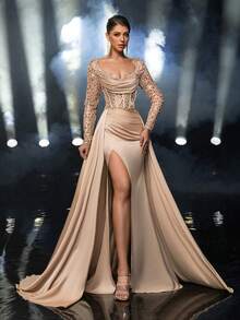 Glamrae Elegant Champagne Satin With Gorgeous Beads And Sequins, See-Through Long Sleeves, Luxurious 3D Handmade Bead Appliqués At The Neckline, Fishbone Patch At The Waist For A See-Through Effect, Fishtail-Shaped Side Slits, And An Oversized Back Train. Suitable For All Formal Occasions: Weddings, Bachelorette Parties, Business Dinners, Dates, Vacations, And Women's Evening Dresses. - Champagne - View 6