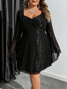 SHEIN CURVE+ Christmas Plus Size Women's Black Lace Jacquard Flare Sleeve Short Knit Dress, New Year Outfit - Black - View 3