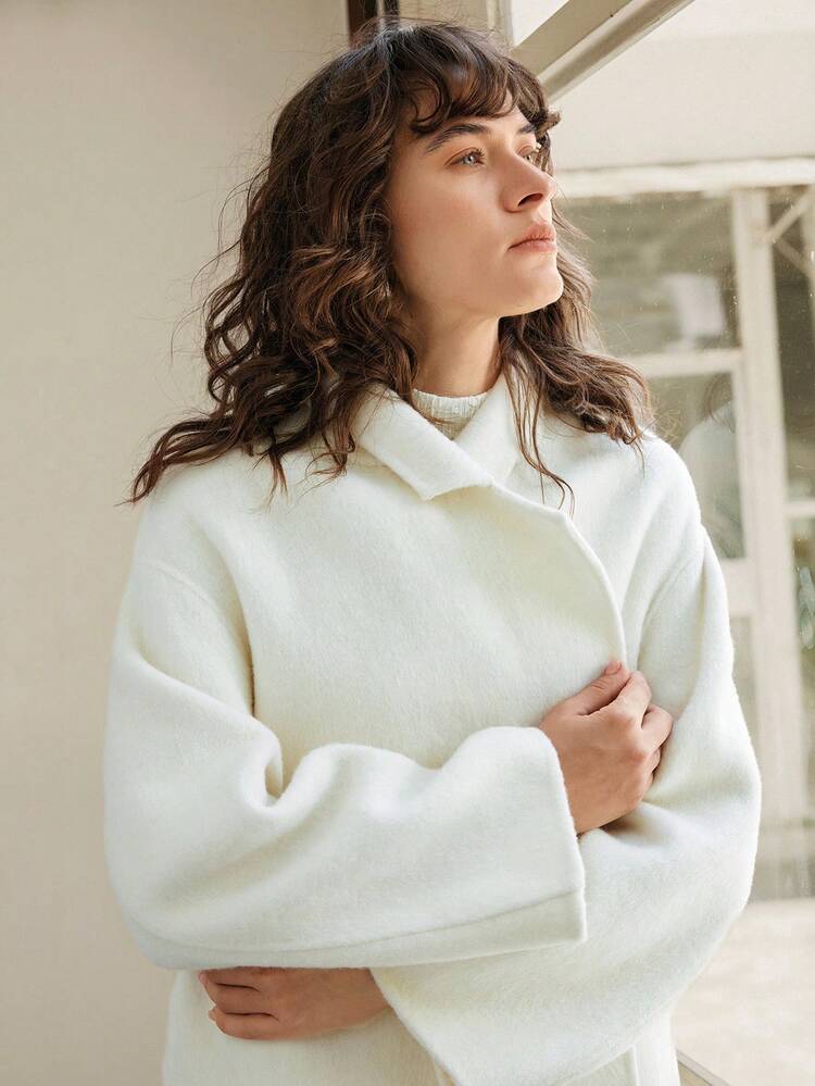 Women's Elegant Office Woolen Coat,Autumn Off-White Double-Breasted Wool Blend Jacket,Loose Fit Solid Outerwear With Pockets & Buttons,Formal Wear