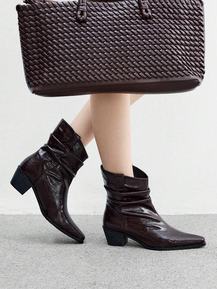 CUCCOO BIZCHIC Autumn/Winter New Coffee Brown Square Toe Chunky Heel Wrinkle Slip-On Fashionable Versatile Women Ankle Boots