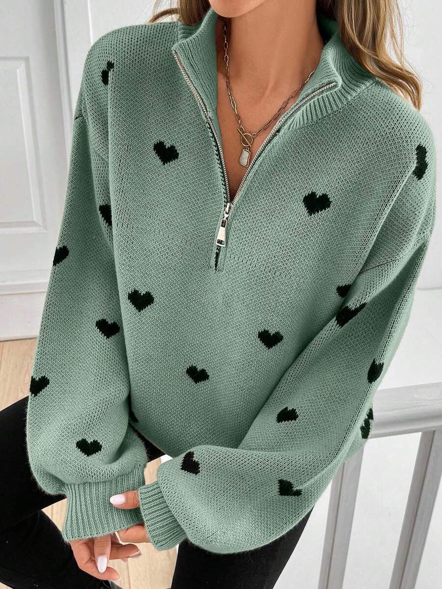 SHEIN Tall Suéter casual feminino alto com estampa de coração e zíper, outono e inverno - Menta verde - Ver 1