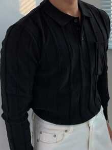 DAZY 男士黑色纹理提花 Polo 领毛衣，秋季 - 黑色 - 查看 6