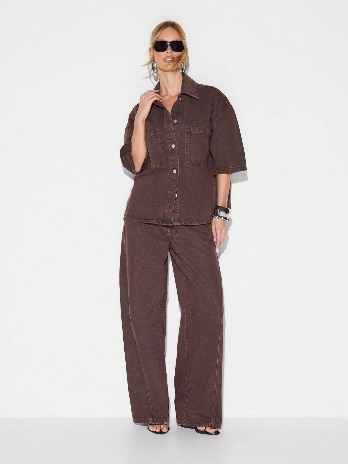 KIZN Camicia oversize in denim marrone con bottoni