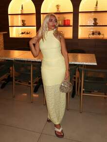 salliqueen Summer Beach Vacation Solid Light Yellow Bow Halter Neck Suit Vest Suit Skirt Suit, Suitable For Daily Dating, Night Out, Nightclubs, Parties, Get-Togethers, Cocktail Parties, Pool Parties, Back-To-School Season Clothes, Back-To-School Season Dresses, Holiday Dresses, Music Festival Clothes, Country Music Festival Clothes, Concert Clothes - Mustard Yellow - View 1