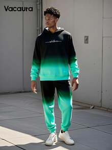 2pcs/Set Teen Boys' Casual Gradient Printed Hoodie And Sweatpants Outfit, School, Campus, College Chic Outfits For Autumn/Winter