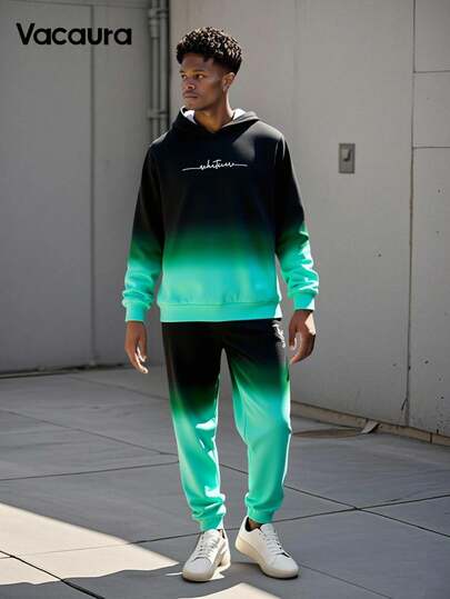 2pcs/Set Teen Boys' Casual Gradient Printed Hoodie And Sweatpants Outfit, School, Campus, College Chic Outfits For Autumn/Winter