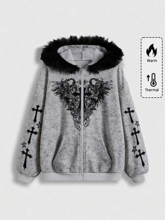 Fairycore Felpa con cappuccio con stampa a croce stile K-pop, foderata termicamente, con zip anteriore, lavaggio consumato, adatta per autunno/inverno
