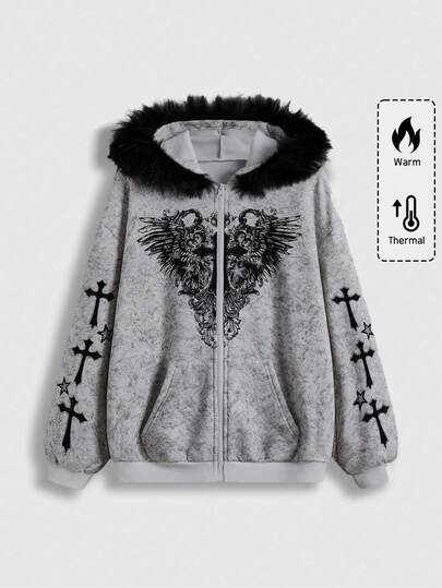 Fairycore Felpa con cappuccio con stampa a croce stile K-pop, foderata termicamente, con zip anteriore, lavaggio consumato, adatta per autunno/inverno