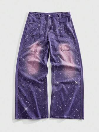 Street Life Jeans holgados y desgastados para hombres con aplicaciones de rhinestones