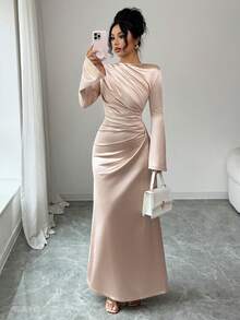 Rafferiza 优雅修身连衣裙，正面褶皱设计，缎面针织喇叭袖，浅粉色，适合派对或日常穿着，秋冬季 - 淺粉色 - 查看 6