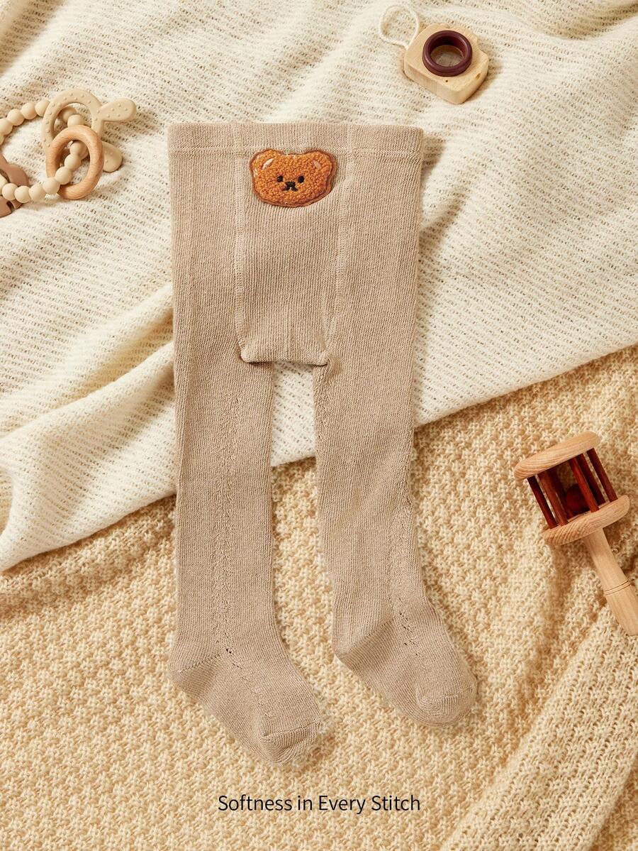 Cozy Pixies 1双装 宝宝儿童布朗熊可爱刺绣图案保暖中厚打底连裤袜适合外出 - 咖啡棕 - 查看 1