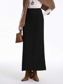 SHEIN Stylify Bộ váy len dệt kim dáng rộng cao cấp, thanh lịch, màu trơn mới dành cho nữ, mùa thu/đông - màu đen - Xem 6