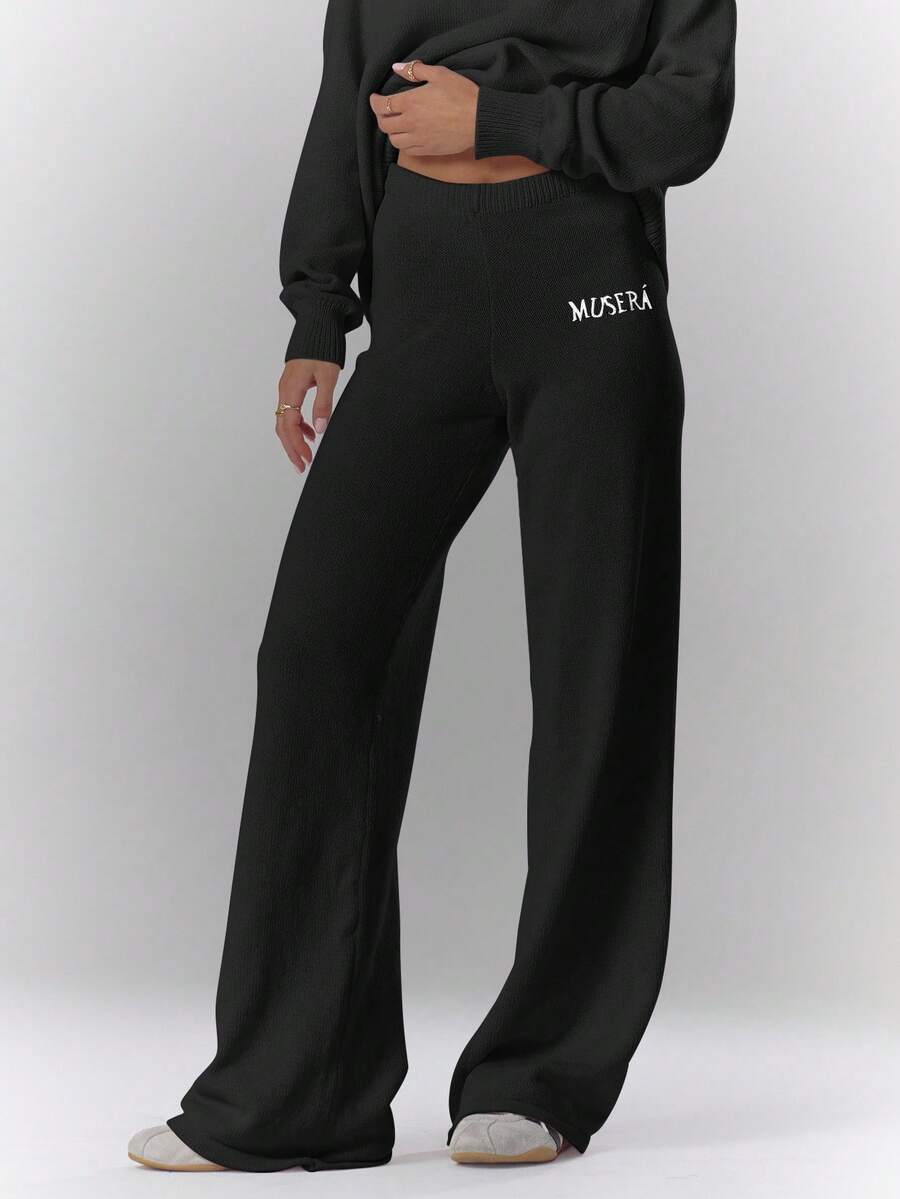 MUSERA Mid Rise Soft Knit Embroidered Wide Leg Trousers Bottom Only Cosy Cute Casual Coffee Club Spring - Black - View 1