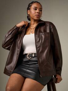 SHEIN Tall CURVE 秋季新款大码复古水洗雪花PU皮夹克 - 黑色 - 查看 6