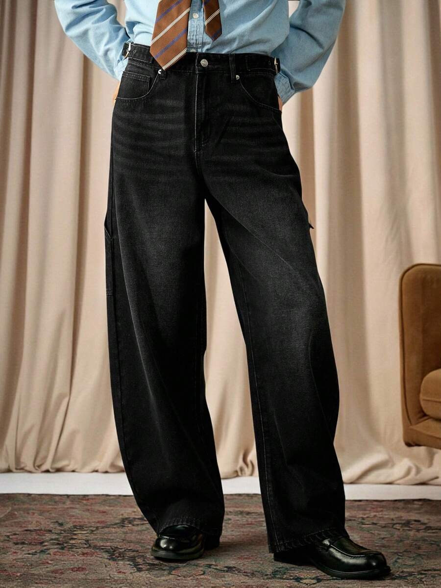 RivetRise Men's Loose Fit Pockets Wide Leg Casual Jeans Pants - Black - View 1