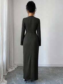 Elenzga 女式纯色长袖褶皱设计金属装饰优雅连衣裙 - 黑色 - 查看 2