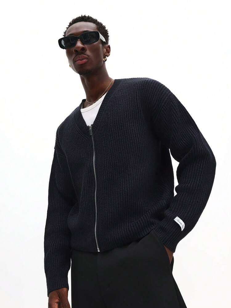 Ribbed Knit Cardigan With Zipper