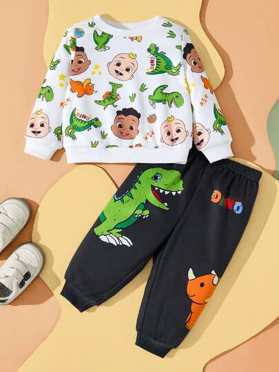 CoComelon X SHEIN 2pcs/Set Baby Boy Cute Dinosaur All-Over Print Crew Neck Long Sleeve White Sweatshirt And Black Sweatpants Knit Casual Outfit