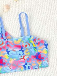 Young Girl V-Neck Short Sleeve Casual Allover Print Summer Bikini With Ruffled 3 Pieces Set Summer Girls Sets Summer Two Pieces Sets Teens Swim Suit 3pcs Set Bikini With Sarong Skirt Girls Matching Sets Vacation Girls Three Piece Swimsuit Summer Two Piece Set Teens Swim Suit - Multicolor - View 3