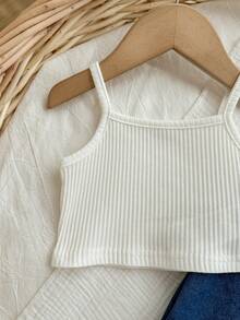 SHEIN Baby Girl Cute Soft Knitted Solid Color Basic Camisole Top With Asymmetric Ruffle Hem & Casual Denim Skirt Shorts Set - Multicolor - View 6