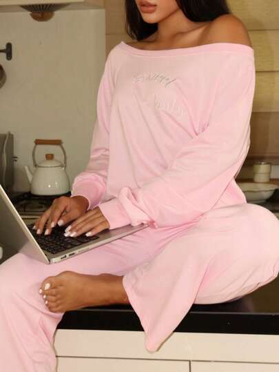 Lowkey Lull 2pcs Sweet Baby Pink Comfortable Minimalist Lounge Set, Long Sleeve Top And Pants, Chic Autumn Unisex Sleepwear Pajama Set For Women Fall Winter Clothes