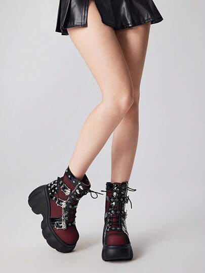 Grunge Punk Women's Black & Red Contrast Color Round Toe Platform Thick Sole Gothic Punk Dark Rivet Buckle Skull Head Fashion Ankle Boots