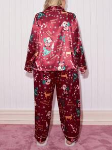 Burgundy Autumn Family Matching Plus Size Pajama Set,Cute Christmas Santa Claus Reindeer Tree Colorblock Print Satin Lapel Collar Sleepwear For Women - Multicolor - View 2