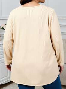 Firerie Plus Size Women's Solid Color Round Neck Long Sleeve Ribbed Casual Loose T-Shirt - Apricot - View 4