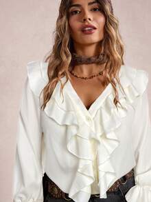 Freevana Blusa de moda con volantes y mangas acampanadas de unicolor para mujer de talla grande - Albaricoque - Ver 5