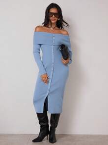 COSMINA Vestido de punto ajustado de unicolor con hombros descubiertos para mujer, para otoño/invierno - Azul - Ver 1