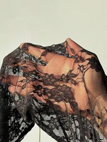 SHEIN EZwear 派对大码黑色薄款长袖蛋糕迷你连衣裙 - 黑色 - 查看 7