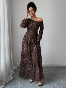 Rafferiza Women's Elegant Leopard Print Brown Checkered Mesh Asymmetrical Shoulder Long Dress,Autumn Date Wedding Guest Homecoming Party Ruched A-Line Gown - Coffee - View 6
