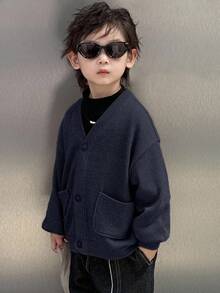 Dazy Kids Toddler Boys' Loose Casual V-Neck Cardigan Jacket, Loose Textured Fabric, Autumn - Navy Blue - View 4