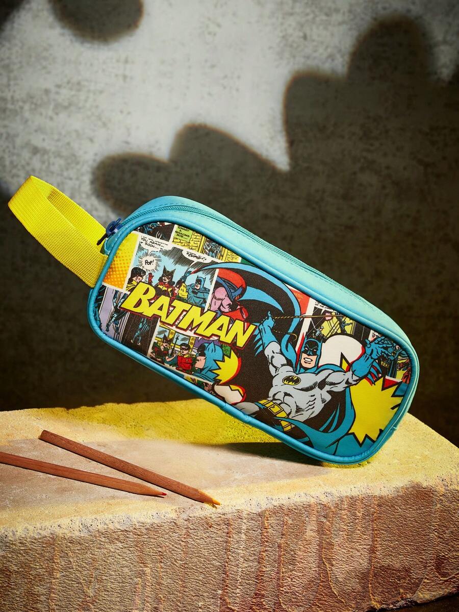 BATMAN X SHEIN 1个可爱卡通人物印花带提手铅笔袋，文具收纳袋，化妆品收纳袋，数码产品收纳袋，小物件收纳袋，适合学习、工作、旅行、日常使用，男女皆宜，酷炫时尚 - 藍色 - 查看 1