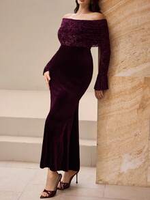 Modelyn Plus Size Women Elegant Velvet Patchwork Off Shoulder Mermaid Hem Flare Sleeve Long Dress, Suitable For Party, Autumn/Winter - Red - View 6